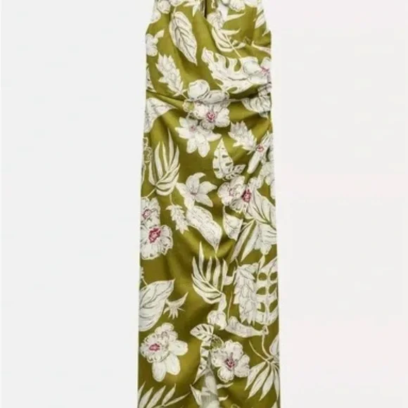 Zara Olive Green Floral Tie Halter Dress size Large - Picture 4 of 8